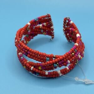 Red Multicolored Multi Strand Beaded Coil Bracelet Cuff Bangle 6" Boho